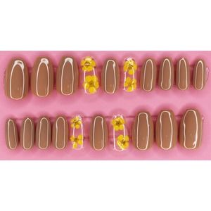 Nude Flower Medium Round Gloss Press On Nails Long